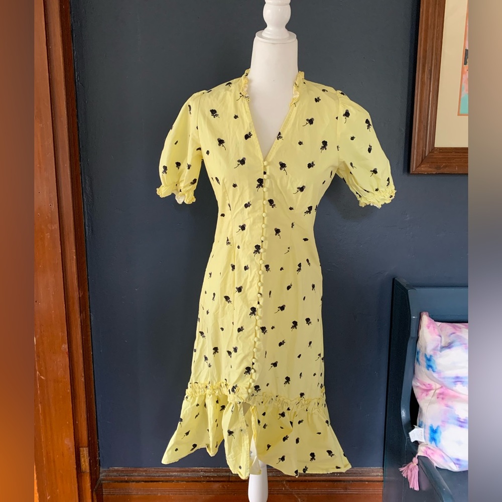 Cas yellow and black floral dress button up with ruffle